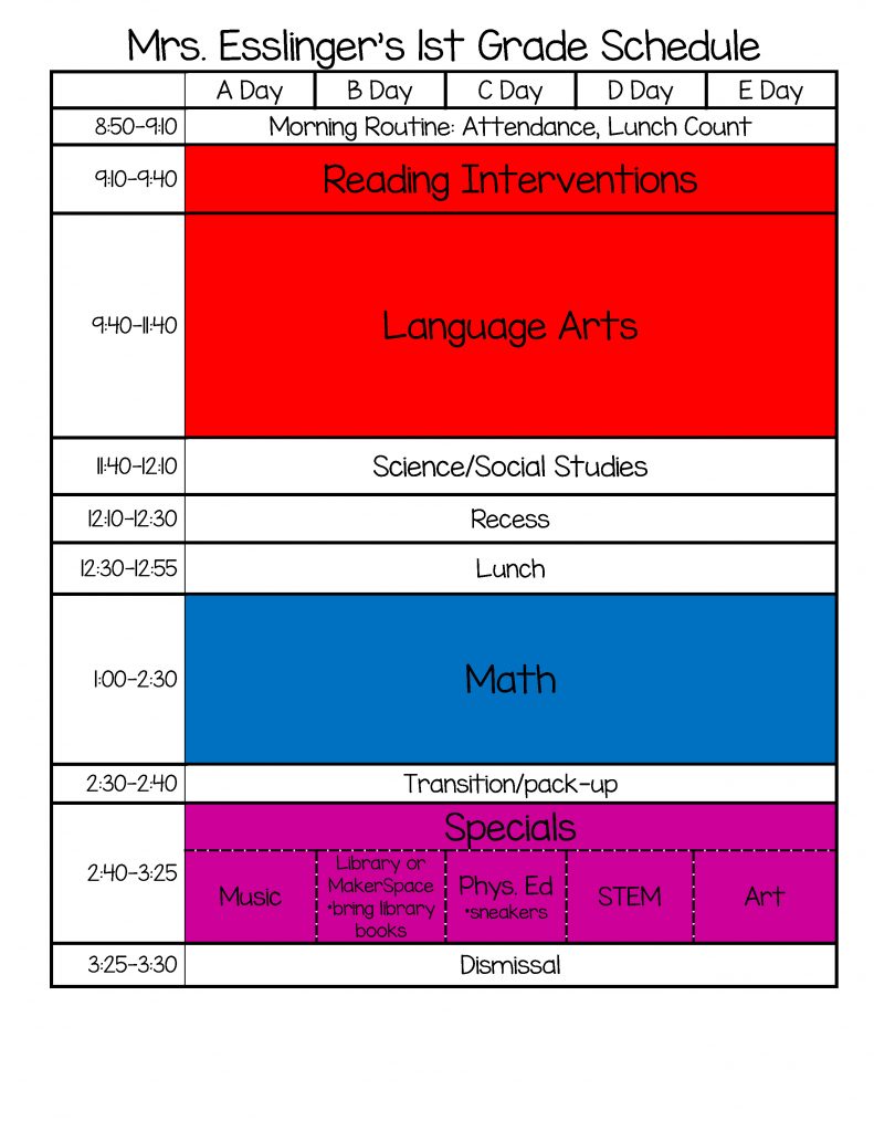 Mrs. Esslinger's Class Schedule